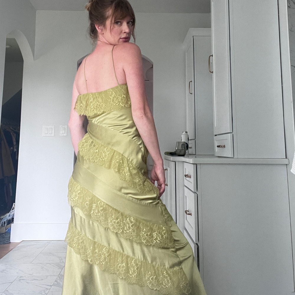 Muted lime lace asymmetrical dress